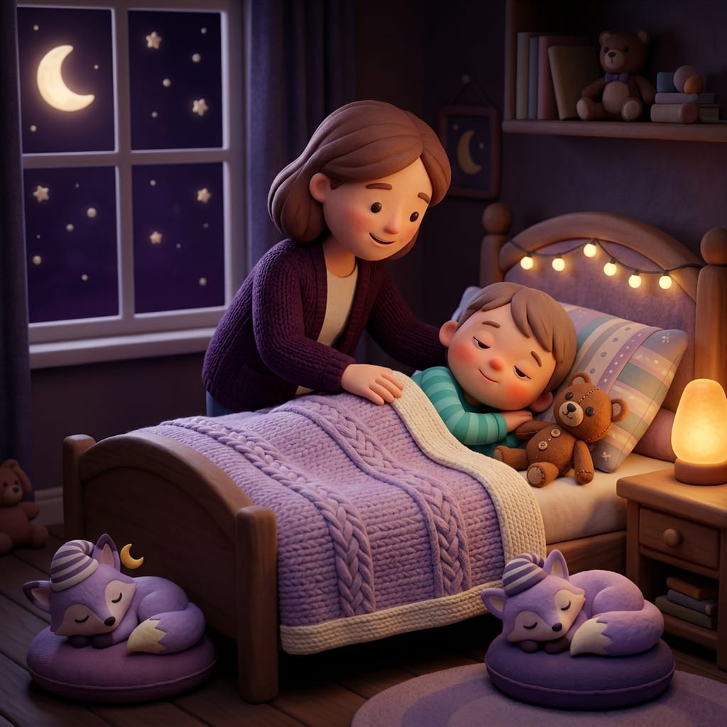 Clay-style scene of a parent gently tucking a calm, drowsy small child into a cozy bed under a soft blanket with a warm nightlight glowing