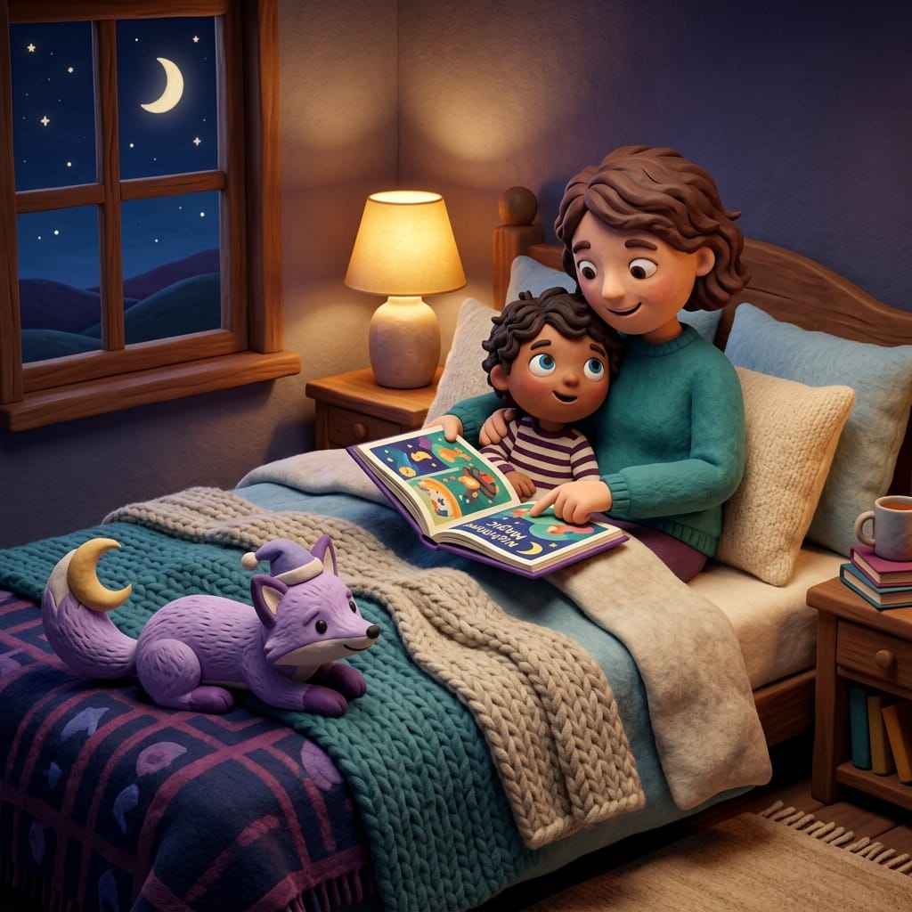Clay-style scene of a parent and small child cuddled on a cozy bed reading a colorful picture book under warm lamplight in a dim, peaceful bedroom