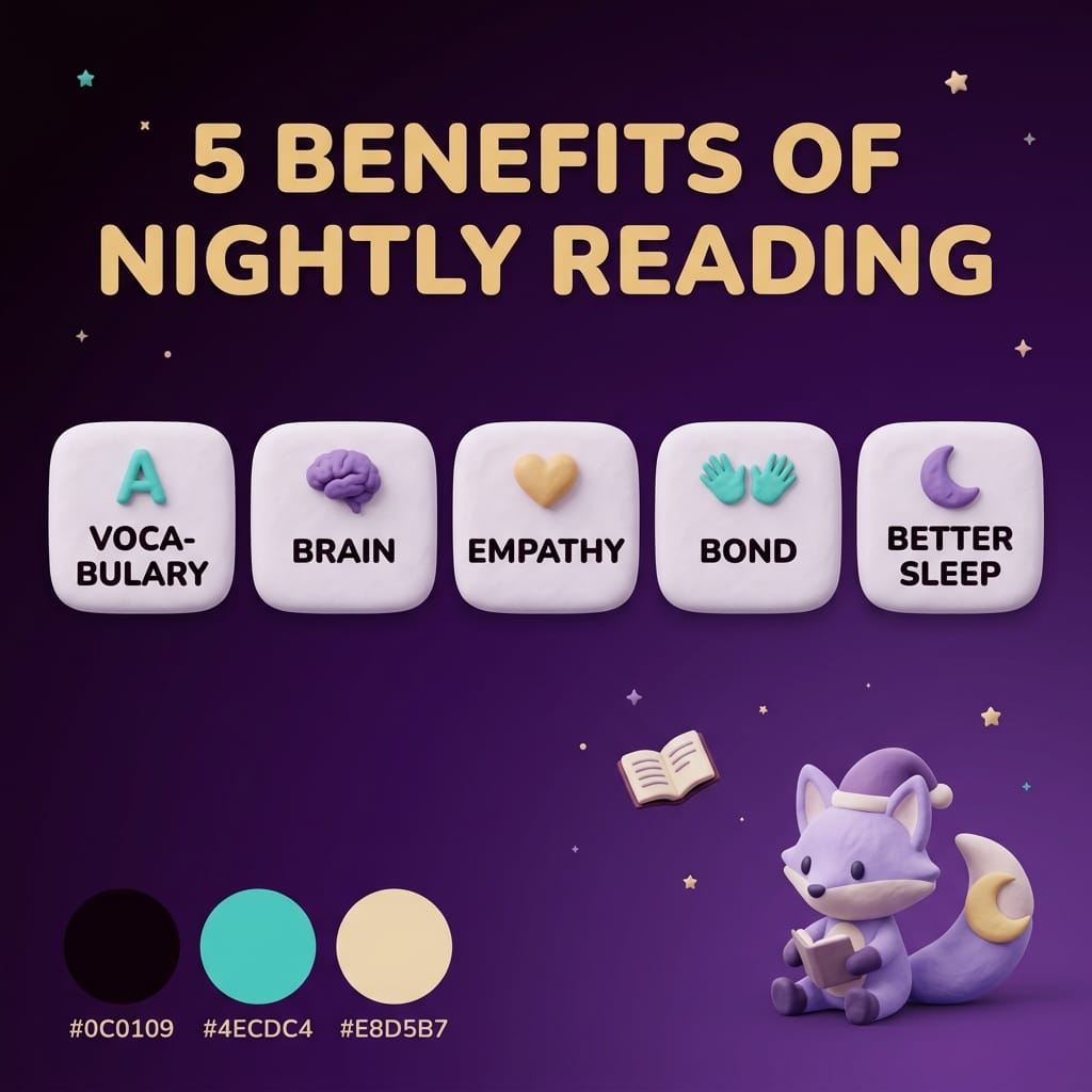 Clay-style infographic titled 5 Benefits of Nightly Reading showing five rounded tiles — vocabulary, brain, empathy, bond, better sleep — on a deep-purple starry background
