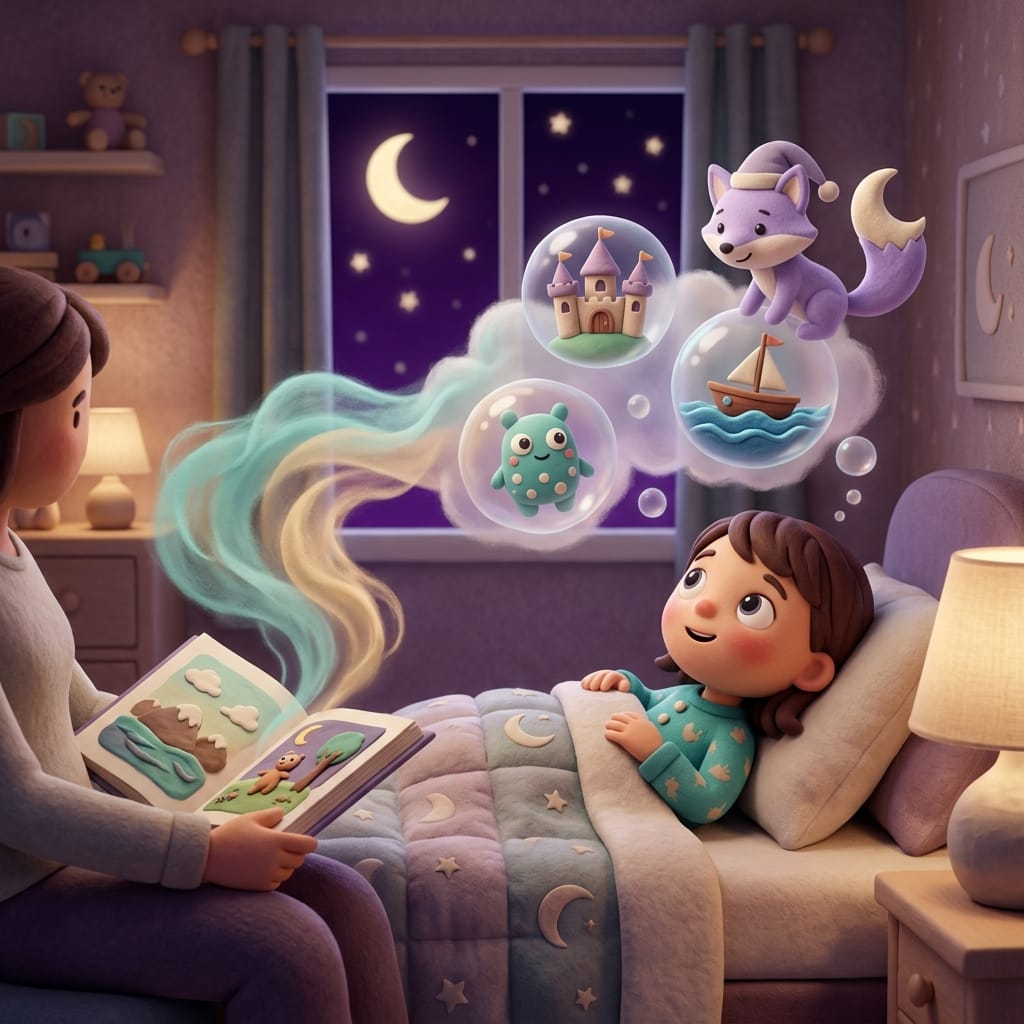 Clay-style scene of a child listening to a story while gentle imagination wisps and dream bubbles drift around them with the lavender fox Loo floating on a small cloud