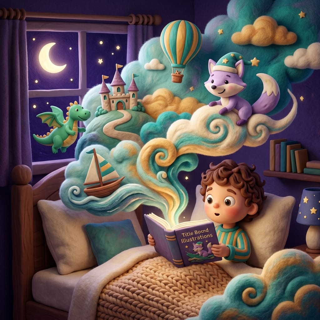 Clay-style scene of a wide-eyed child in bed as an imaginary world of castles, a friendly dragon, and a sailboat blooms from an open storybook