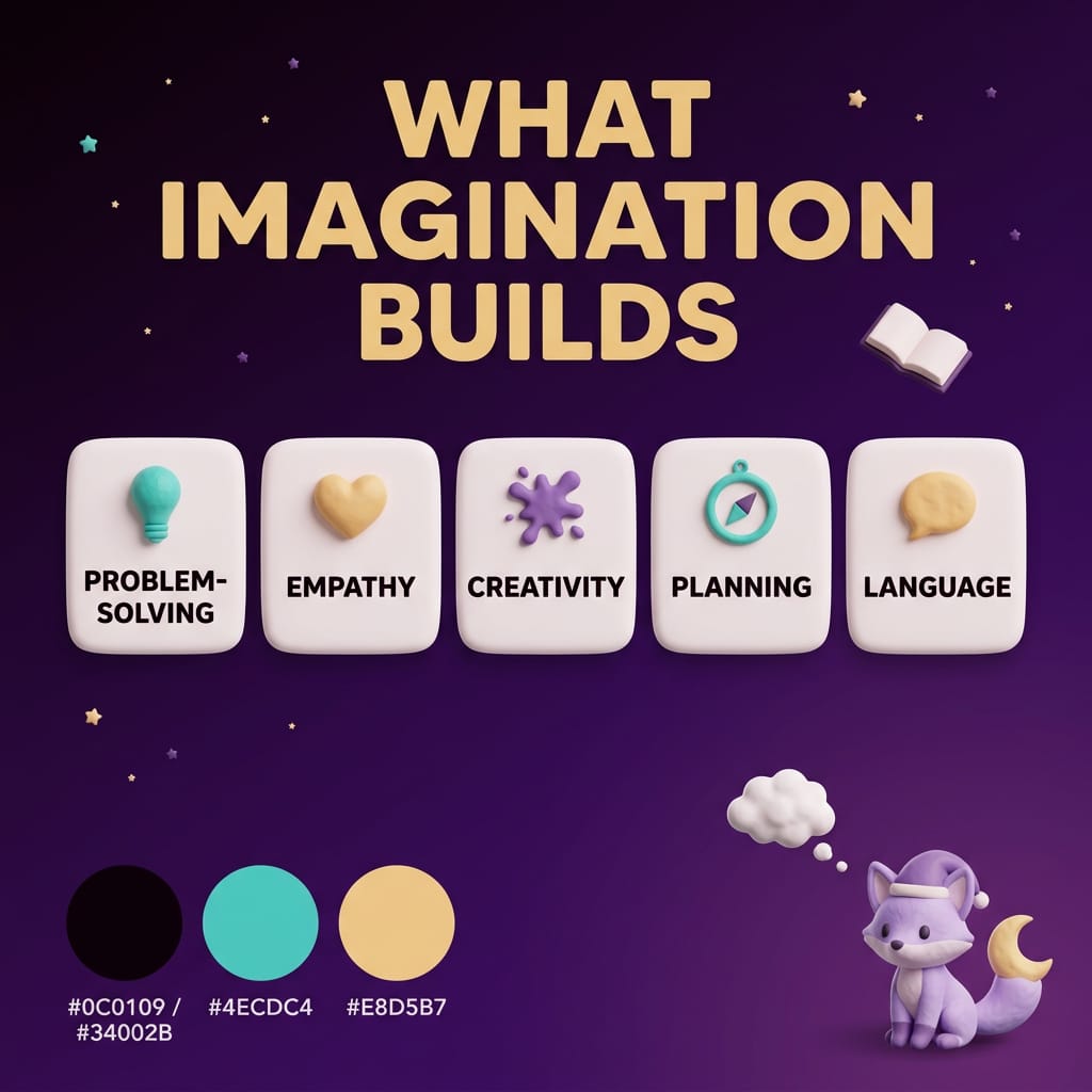 Clay-style infographic titled What Imagination Builds showing five rounded tiles — problem-solving, empathy, creativity, planning, language — on a deep-purple starry background