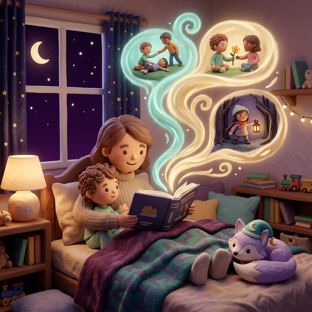 Clay-style scene of a parent and child reading a storybook as gentle dream wisps carry small clay vignettes of kindness, sharing, and bravery