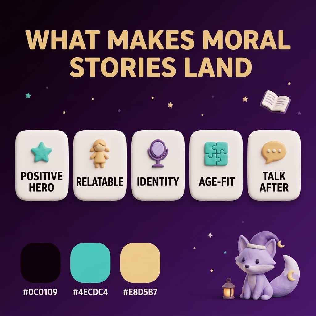 Clay-style infographic titled What Makes Moral Stories Land showing five rounded tiles — positive hero, relatable, identity, age-fit, talk after — on a deep-purple starry background