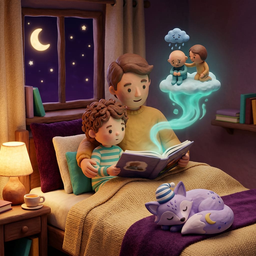 Clay-style scene of a parent and child reading a story as a soft dream wisp shows one small figure gently comforting another with a hand on the shoulder