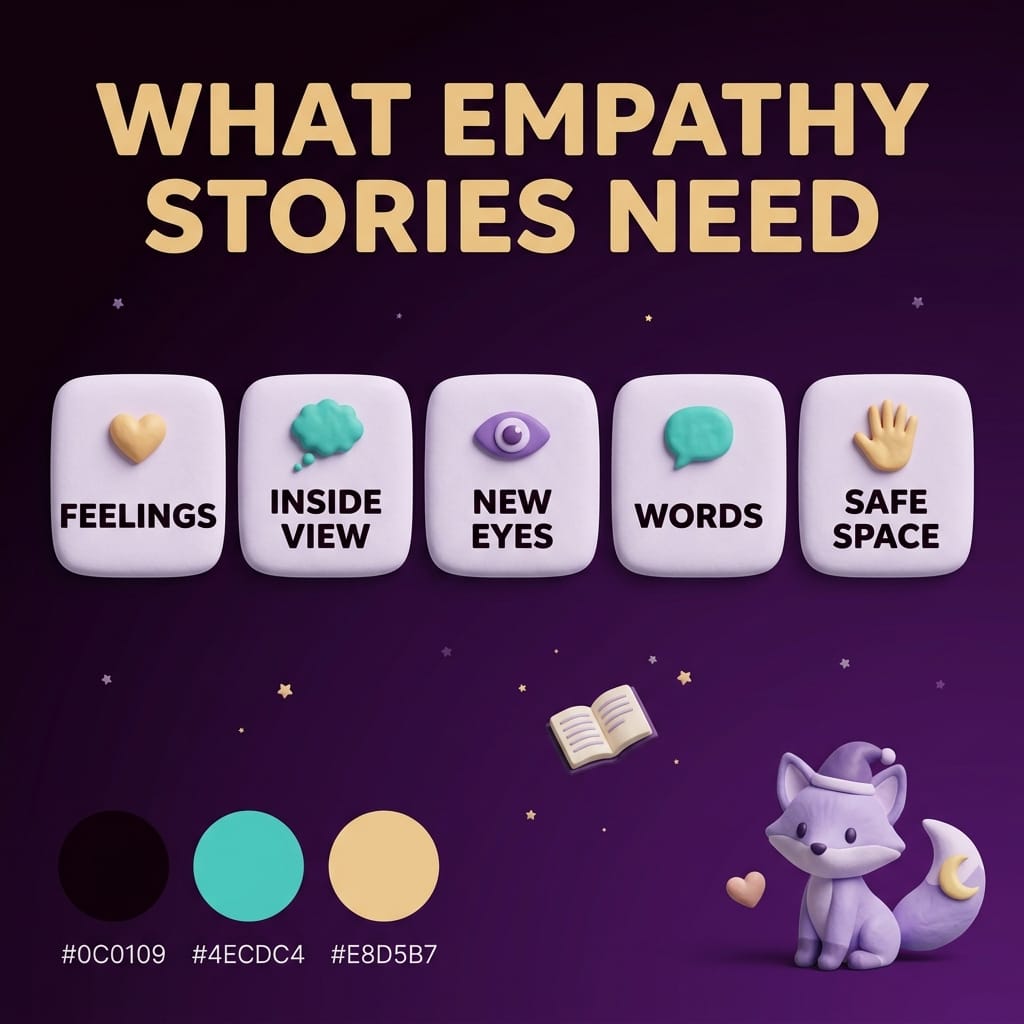 Clay-style infographic titled What Empathy Stories Need showing five rounded tiles — feelings, inside view, new eyes, words, safe space — on a deep-purple starry background