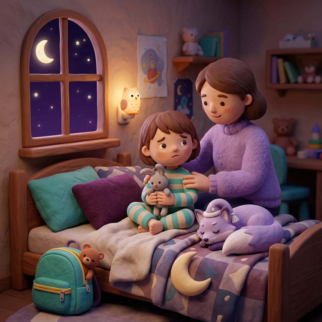 Clay-style scene of a parent gently reassuring a small worried child in pajamas on a cozy bed the night before school, with a small backpack ready at the foot of the bed