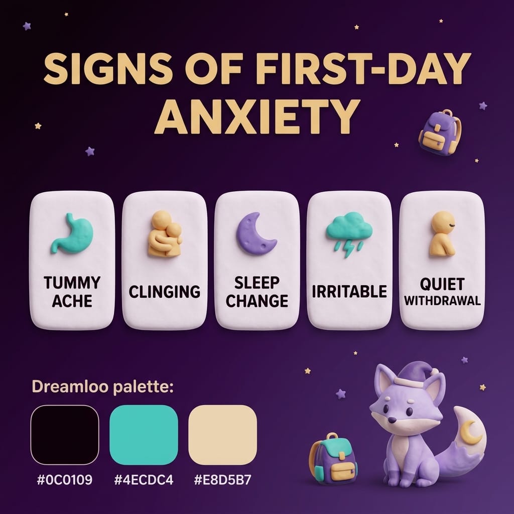 Clay-style infographic titled Signs of First-Day Anxiety showing five rounded tiles — tummy ache, clinging, sleep change, irritable, quiet withdrawal — on a deep-purple starry background with a small clay backpack