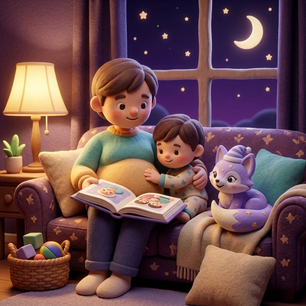 Clay-style scene of a pregnant parent and a toddler snuggled on a cozy couch reading a picture book about a new baby together by warm lamplight