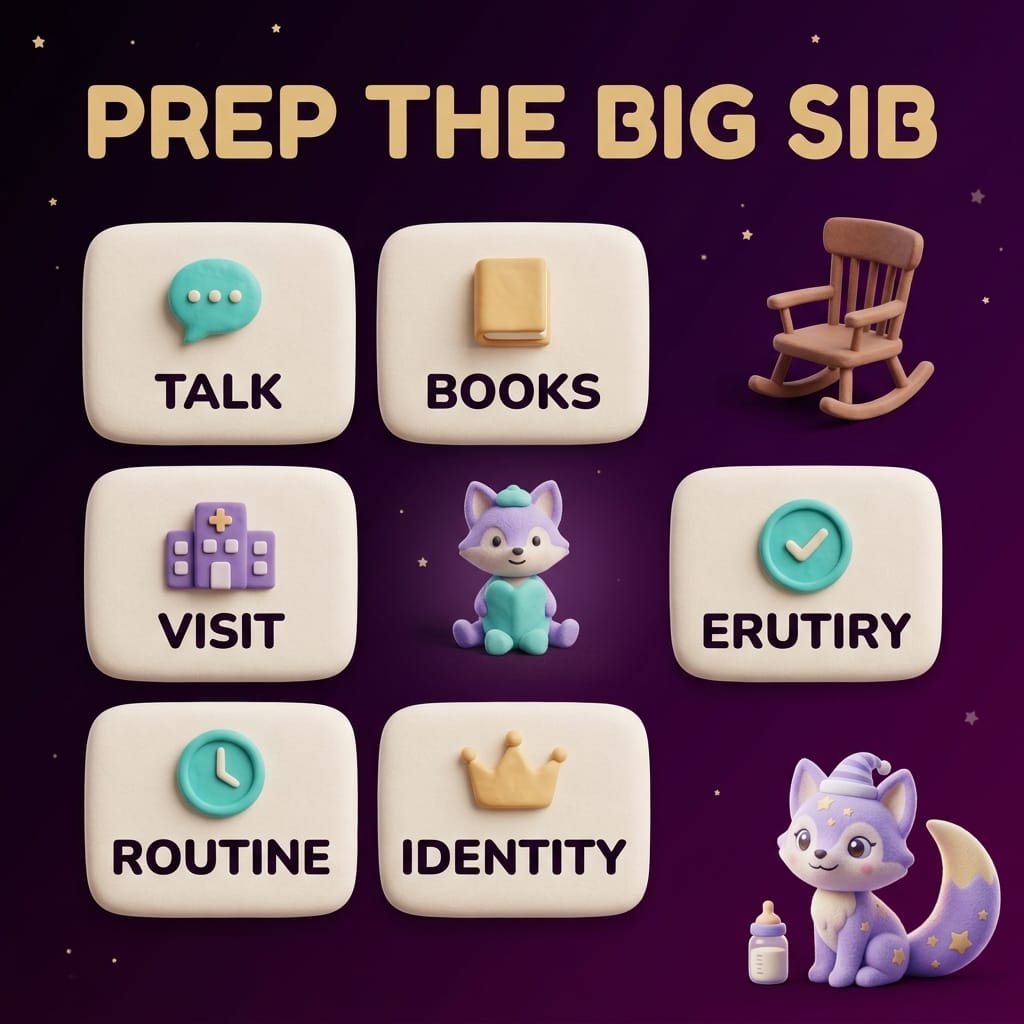 Clay-style infographic titled Prep The Big Sib showing five rounded tiles — talk, books, visit, routine, identity — on a deep-purple starry background with a small clay rocking chair