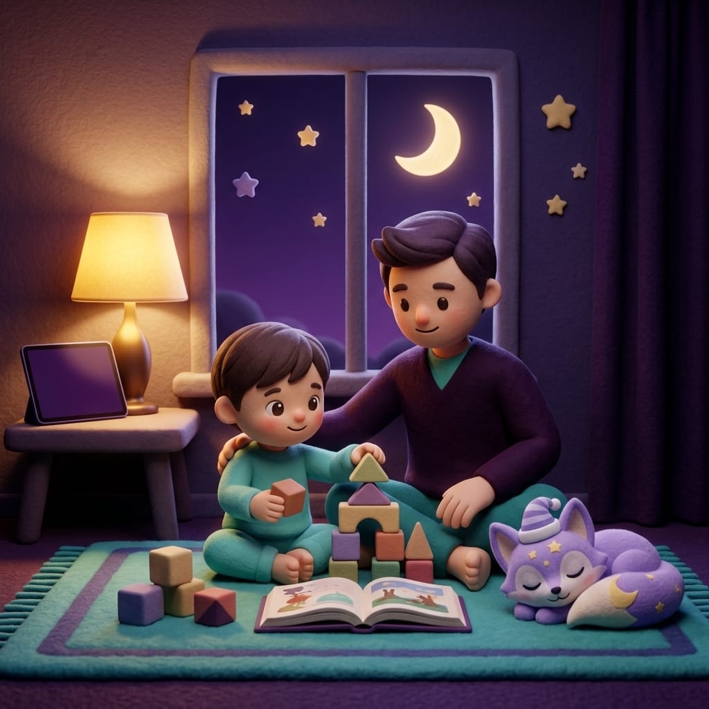 Clay-style scene of a parent and small child building with blocks and reading on a cozy rug while a tablet sits unused face-down on a side table