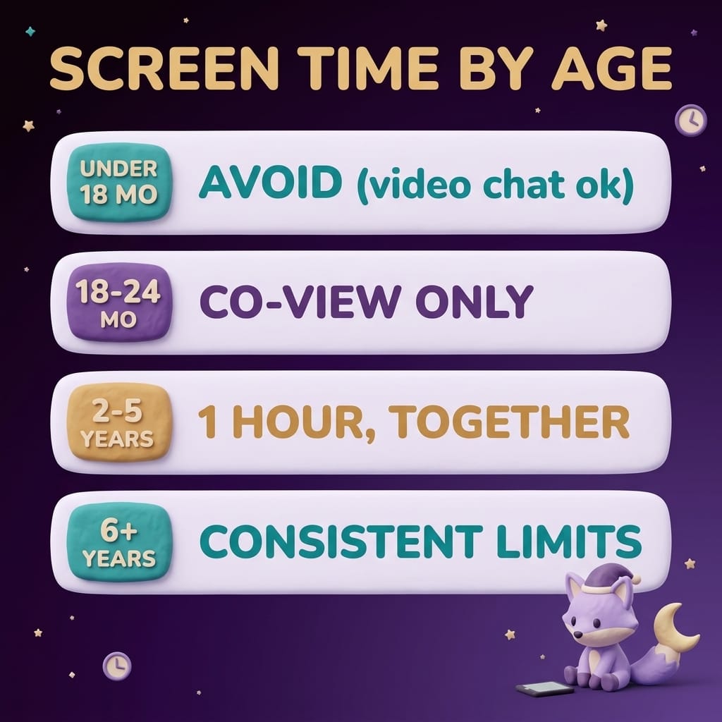 Clay-style infographic titled Screen Time by Age showing four rows — under 18 months avoid, 18-24 months co-view only, 2-5 years one hour together, 6 plus consistent limits — on a deep-purple starry background