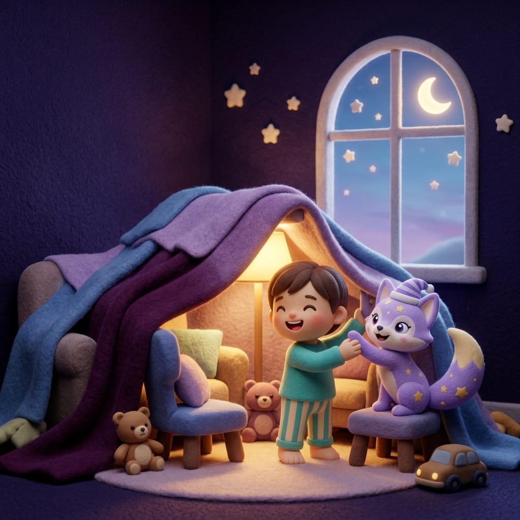 Clay-style scene of a small child in pajamas happily building a blanket fort with stuffed animals, screen-free activities for kids glowing in warm lamplight