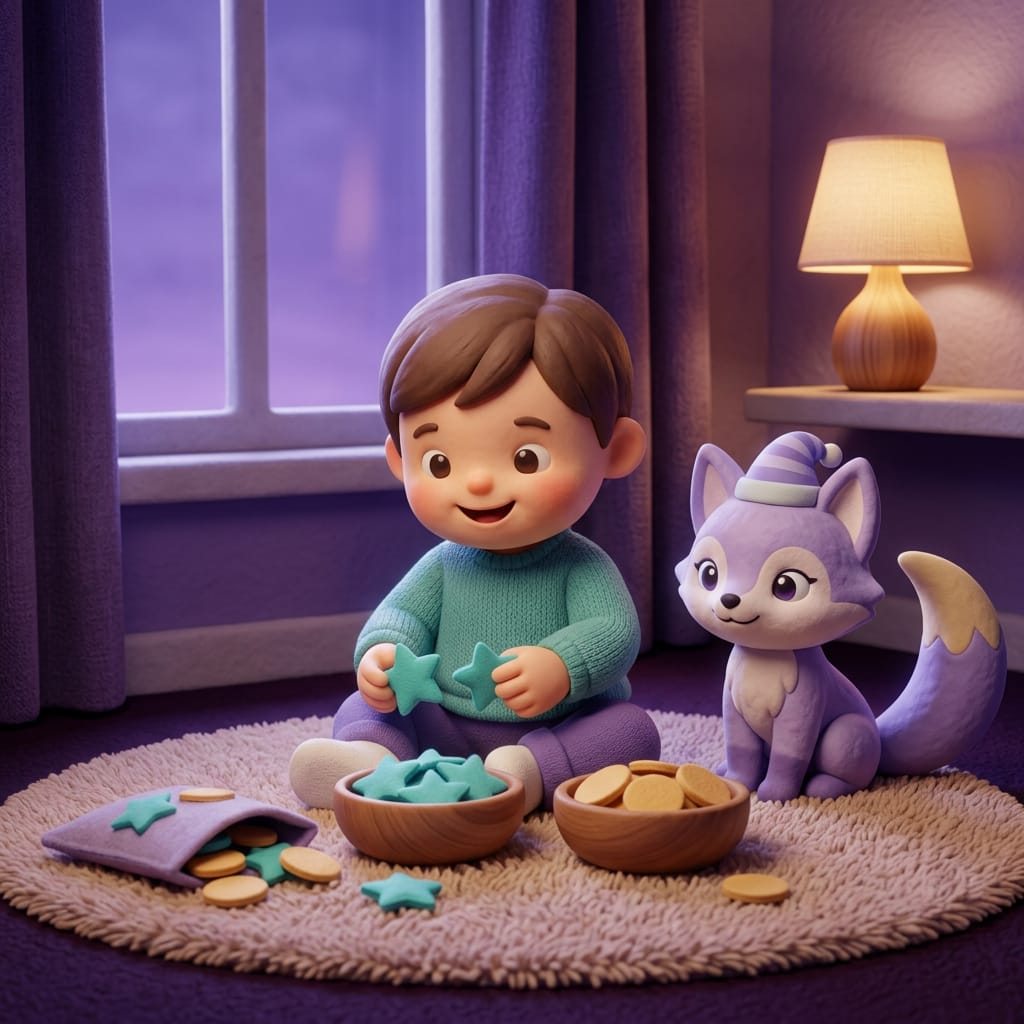 Clay-style illustration of a toddler sorting colorful felt shapes into bowls on a cozy rug, soft purple evening light from a nearby window