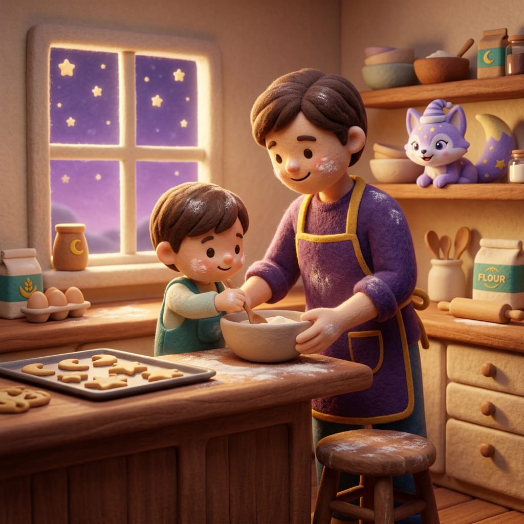 Clay-style image of a parent and preschooler baking cookies together in a warm kitchen, flour on the counter, soft golden light, calm and happy