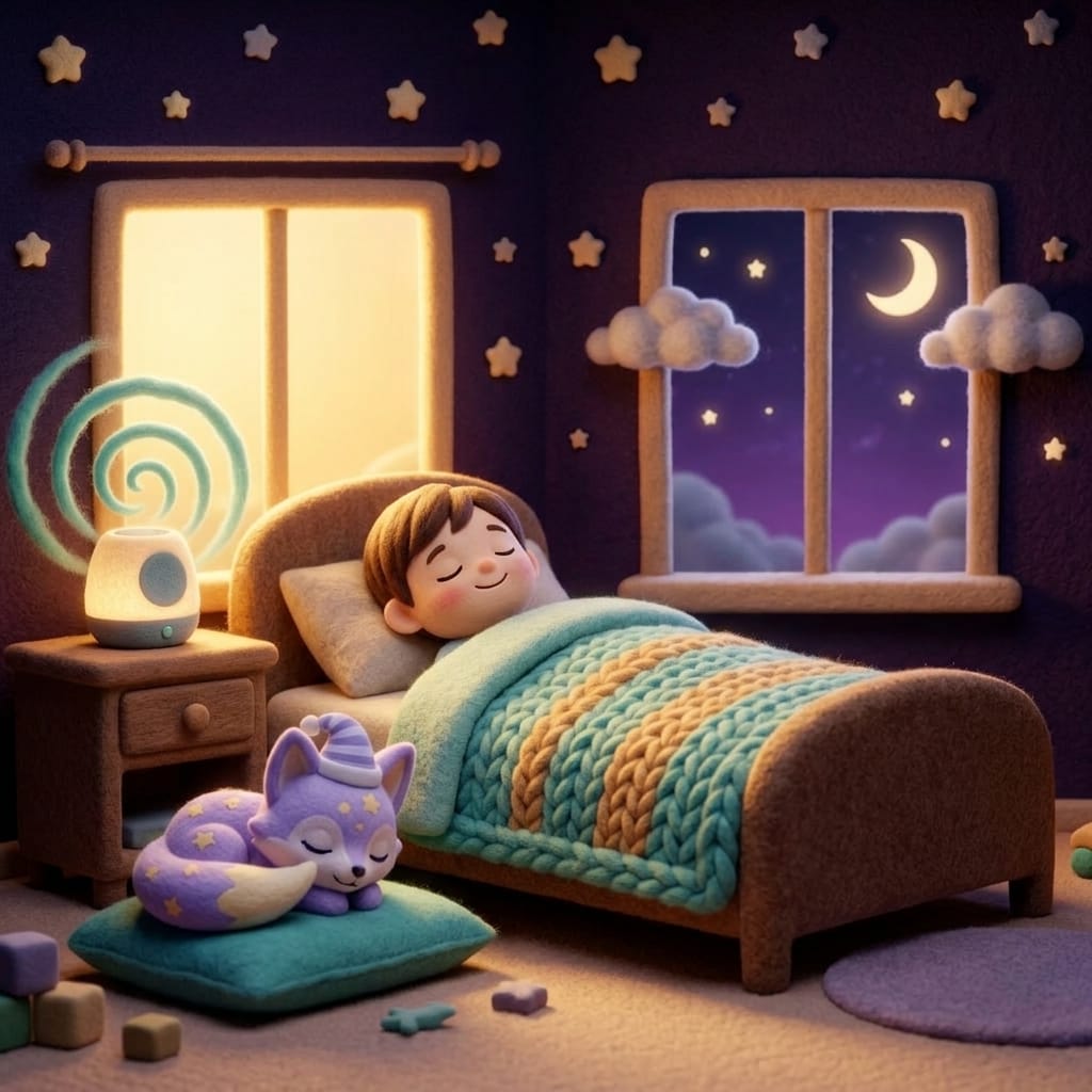 Clay-style night scene of a child in bed listening to a glowing speaker, eyes closed and smiling, lavender fox Loo curled nearby under a starry window