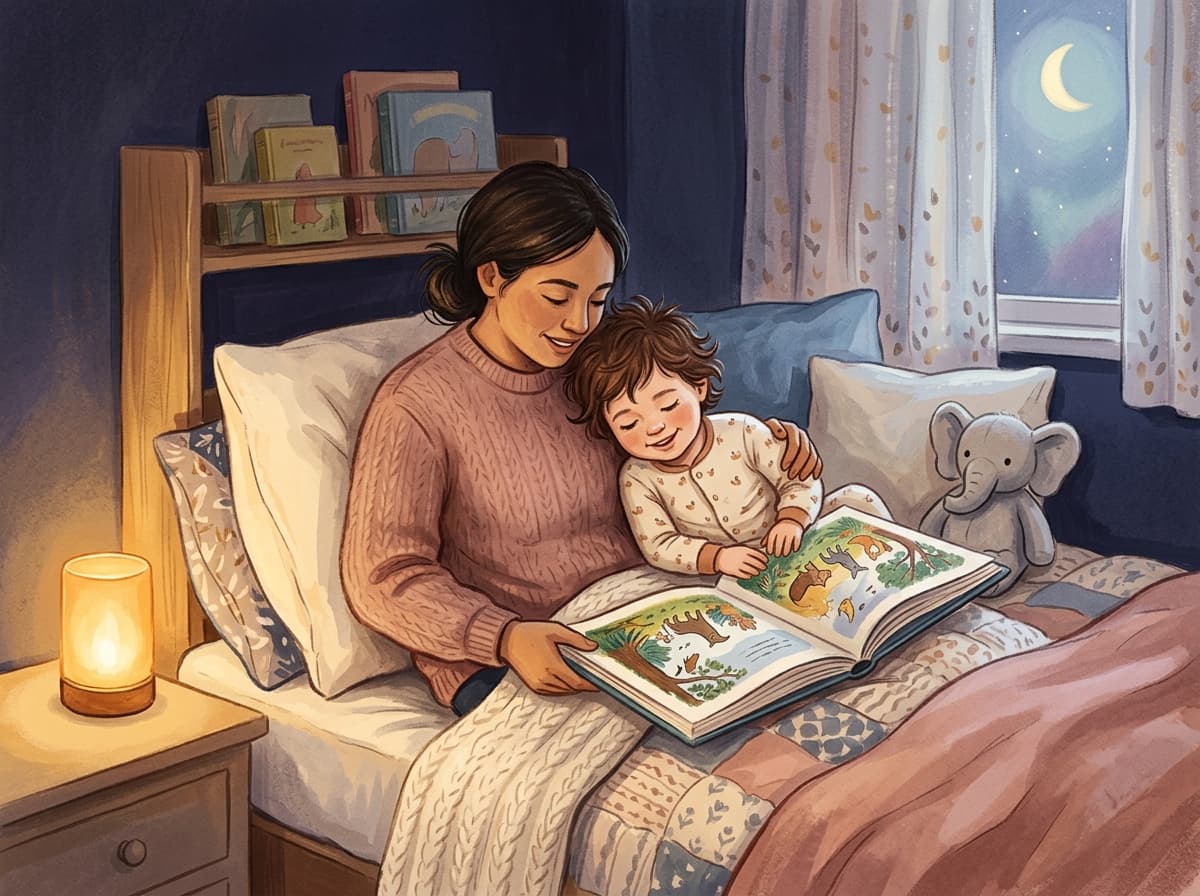Parent and child reading a picture book together in a softly lit bedroom at bedtime