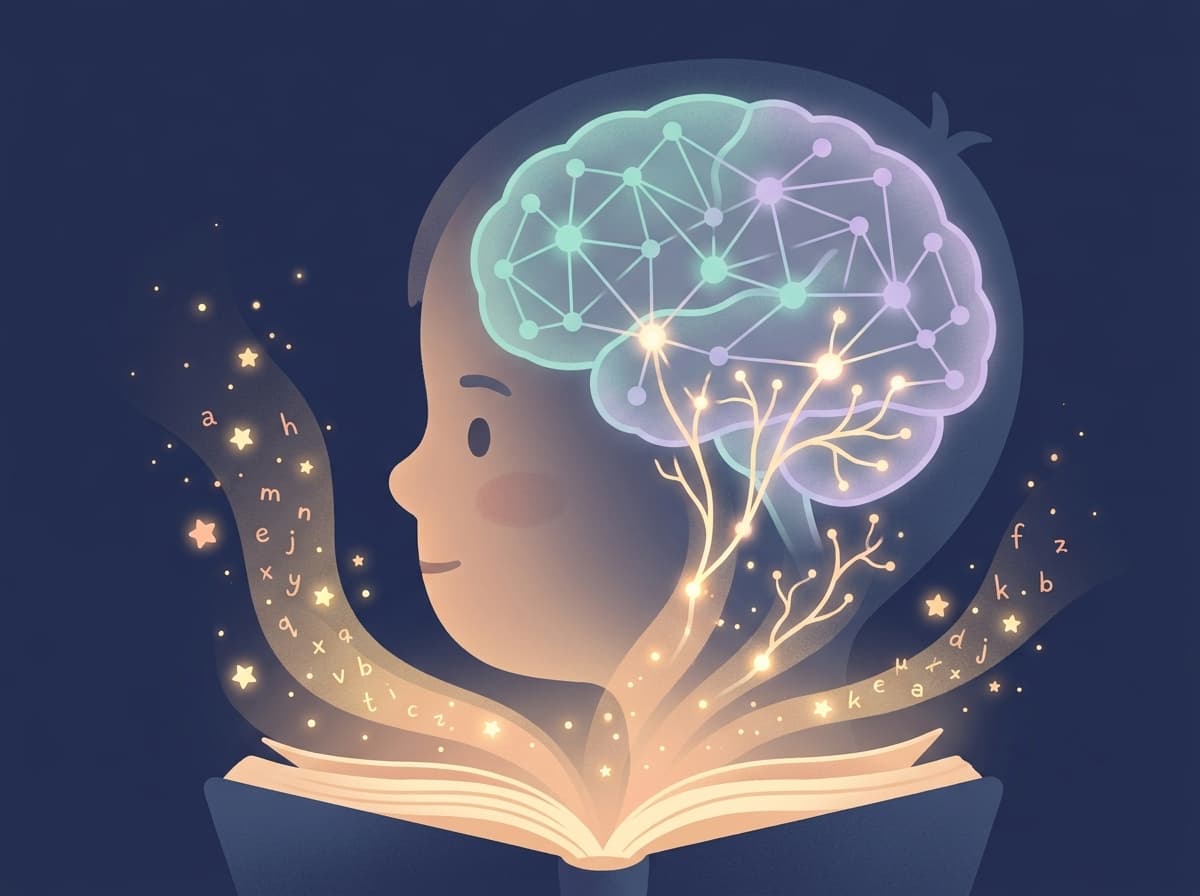 Soft illustration of a child's brain with glowing neural pathways being activated by light emanating from an open storybook