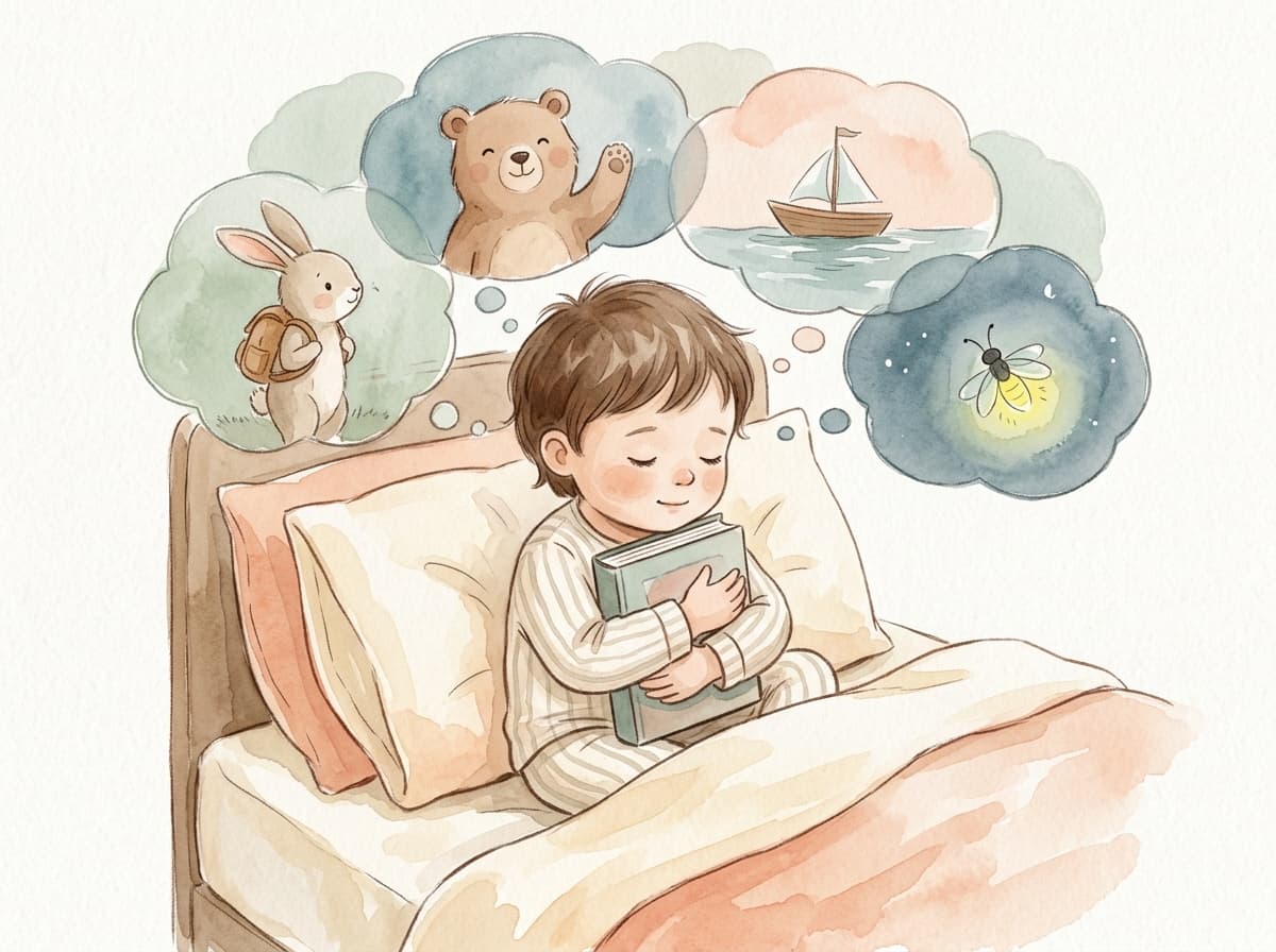 Watercolor illustration of a young child sitting in bed hugging a storybook, with soft dreamy thought bubbles showing gentle story characters like a bunny and a bear