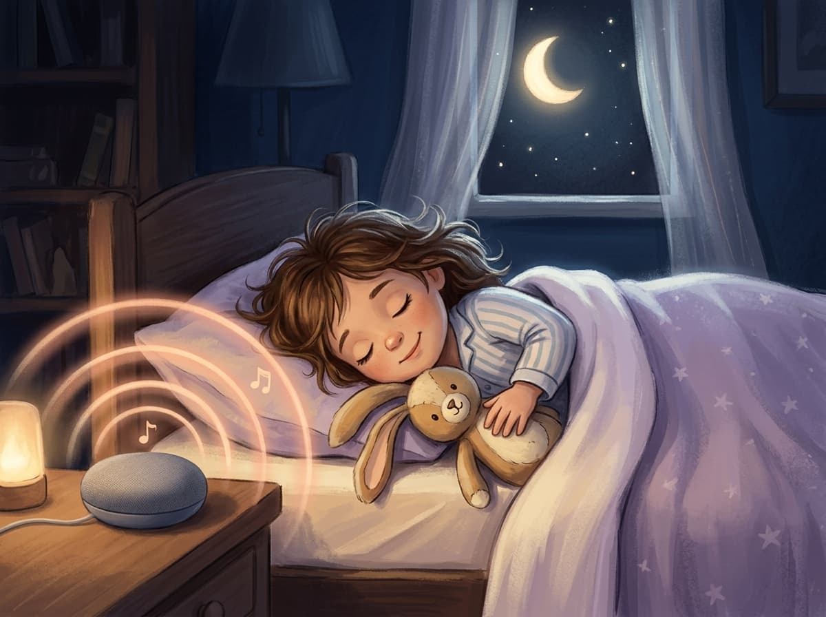 Child peacefully falling asleep in bed with a small nightlight and a speaker on the nightstand playing an audio story, moonlight through curtains
