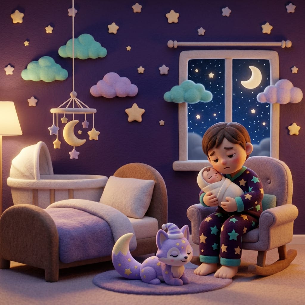 Clay-style scene of a swaddled newborn sleeping in a cozy bassinet under soft lamplight, a newborn sleep schedule unfolding in a calm purple nursery