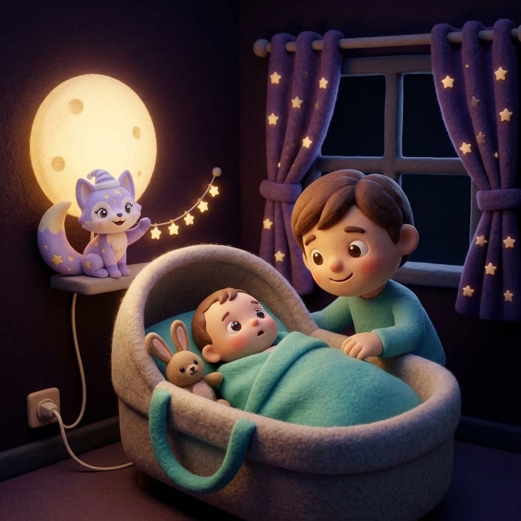 Clay-style illustration of a tired parent gently rocking a yawning newborn in a softly lit nursery, teal blanket and a small glowing nightlight nearby