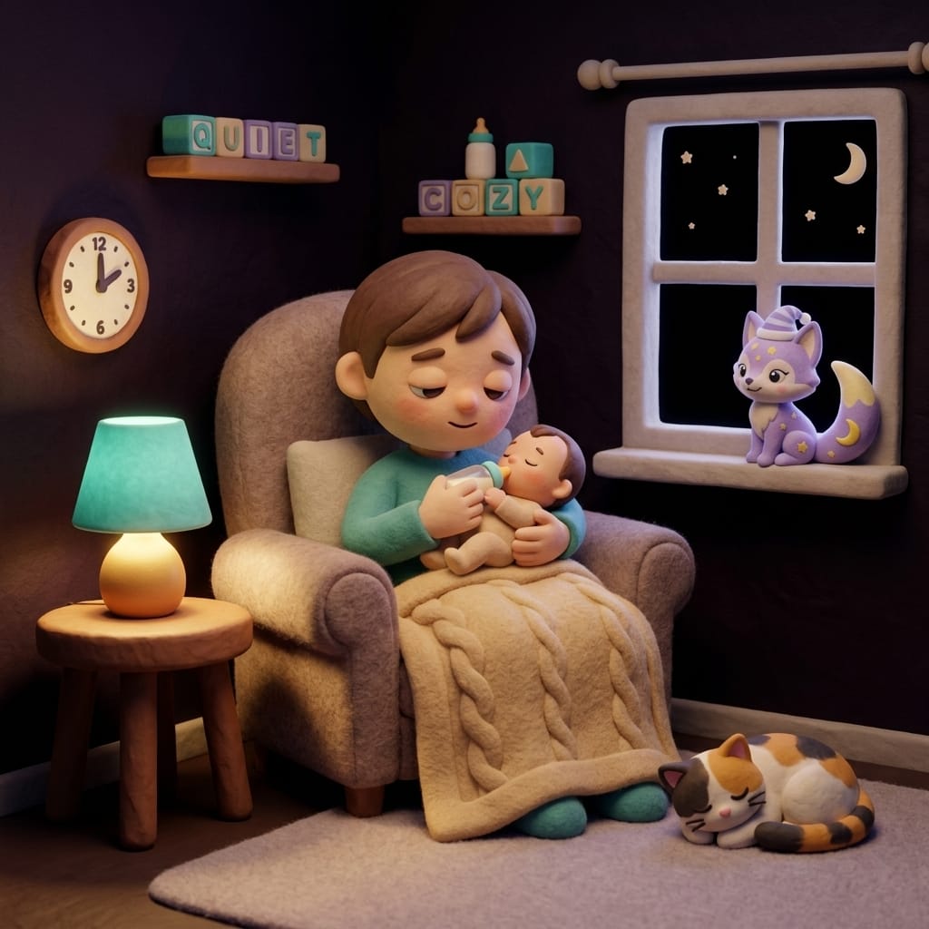Clay-style night nursery scene of a content newborn lying awake in a crib with a soft mobile above, warm gold lamplight against a deep purple starry window