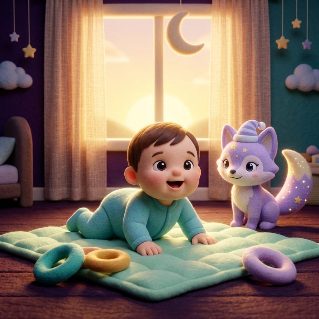 Clay-style scene of the lavender fox Loo with a nightcap watching over a peacefully sleeping swaddled newborn, gentle teal nightlight glow in a cozy dark nursery