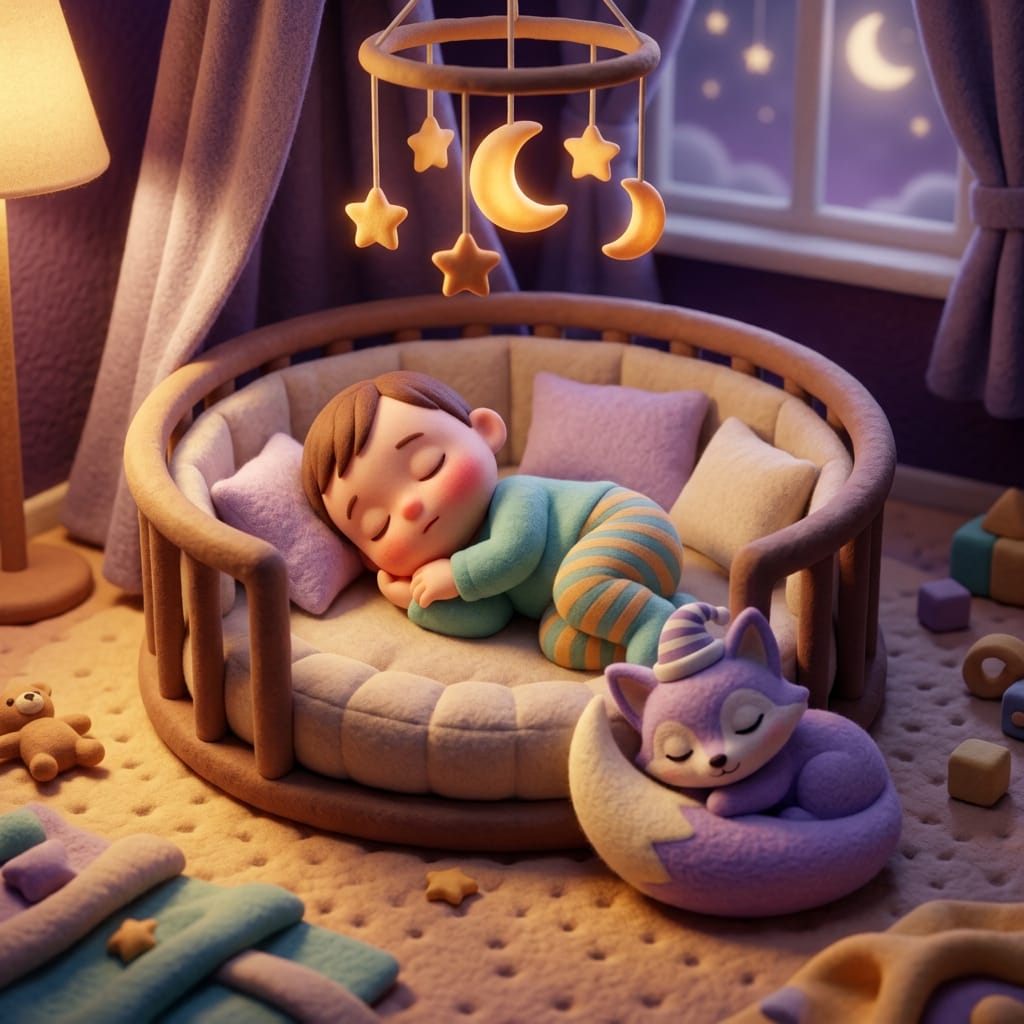 Clay-style scene of a sleeping baby in a cozy crib with a soft clock and stars nearby, a baby sleep schedule by age unfolding in a calm purple nursery