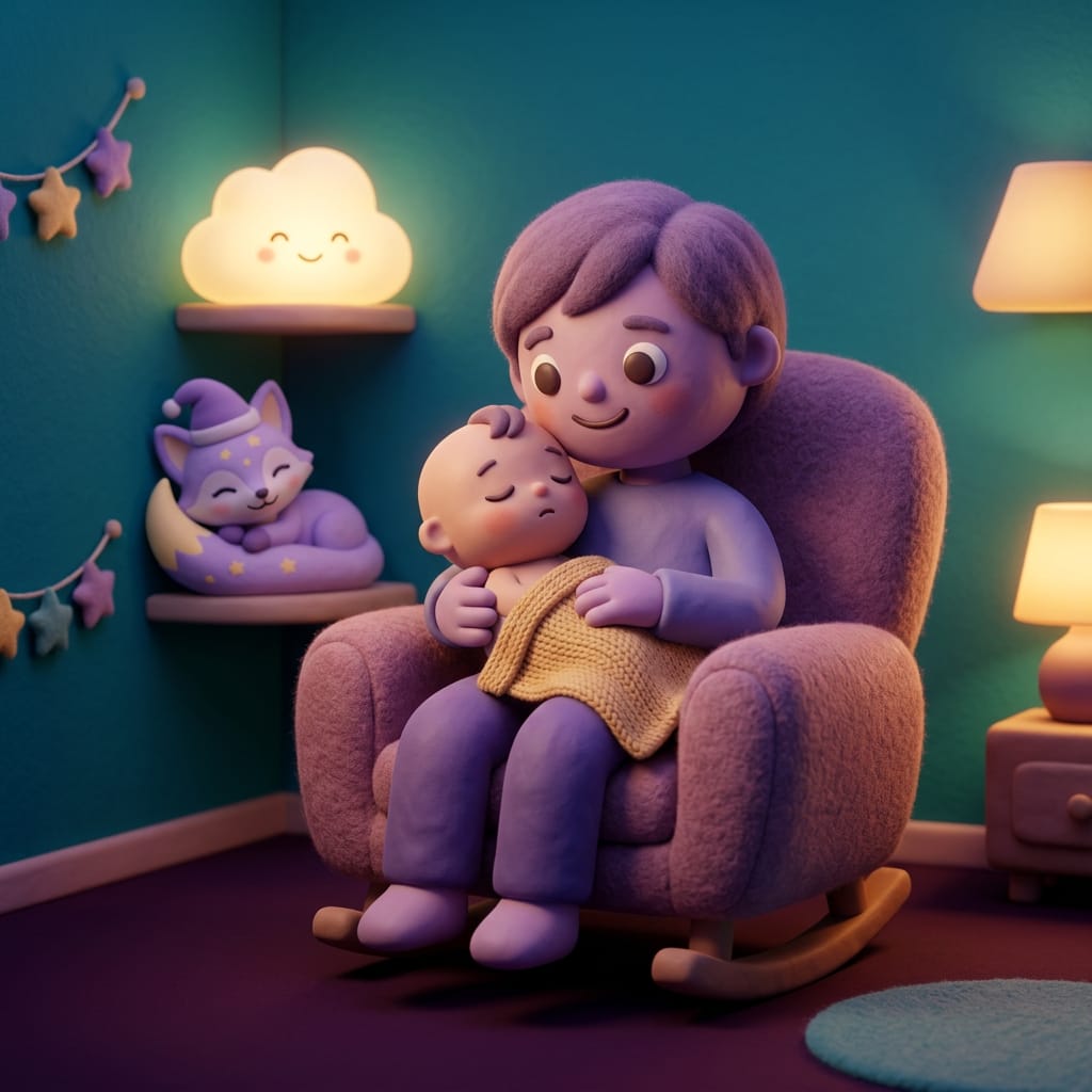 Clay-style illustration of a gentle parent rocking a yawning baby beside a soft glowing nightlight, teal blanket and warm gold lamplight in a cozy dark nursery