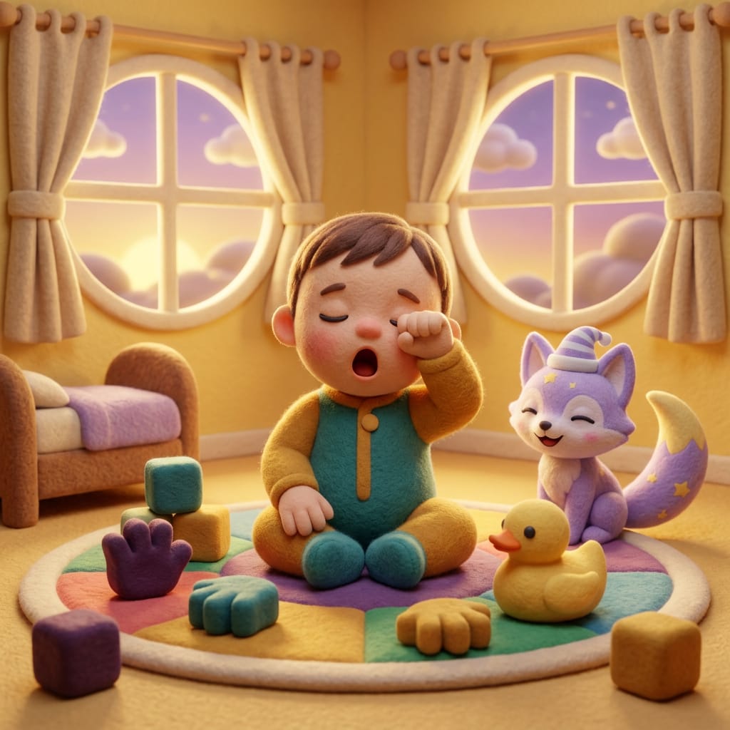 Clay-style daytime nursery scene of a content baby napping in a crib with a soft mobile above, gentle teal light and a plush blanket in a calm room