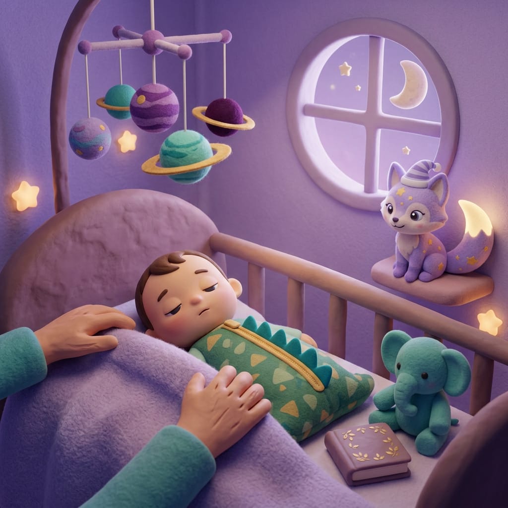 Clay-style scene of the lavender fox Loo with a nightcap watching over a peacefully sleeping baby, soft teal nightlight glow in a cozy dark nursery