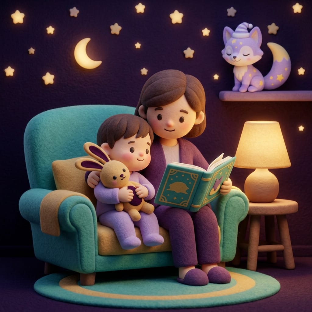 Escena de cuarto infantil estilo plastilina con un niño pequeño en pijama junto a un reloj suave y estrellas, un horario de sueño sereno en una habitación morada y tranquila