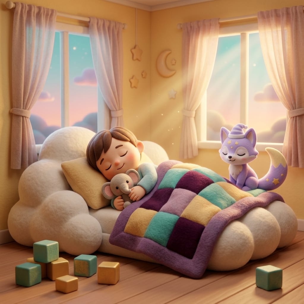 Escena diurna estilo plastilina con un niño pequeño durmiendo plácidamente la siesta en una camita con una manta mullida, luz turquesa suave y una lámpara redondeada en una habitación acogedora