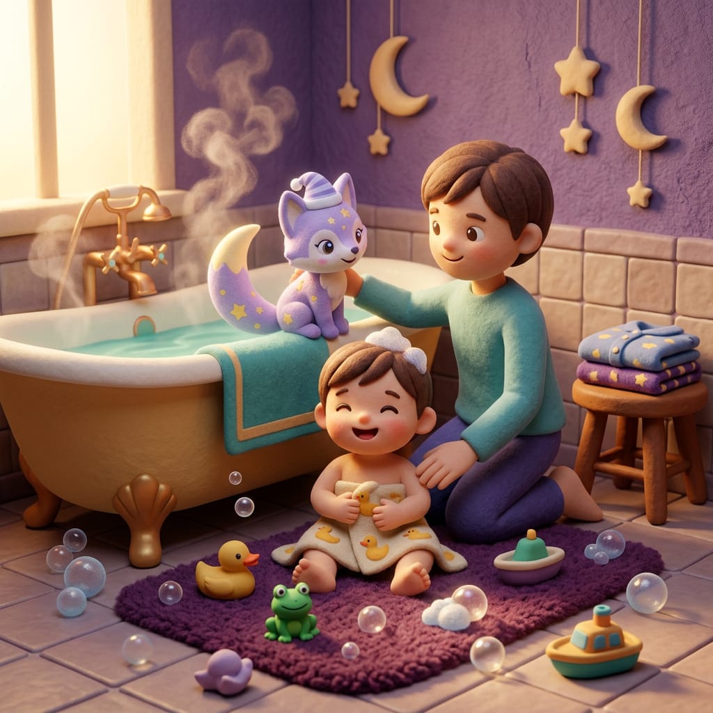 Escena de hora de dormir estilo plastilina con el zorro lavanda Loo, con gorro de dormir, leyéndole un cuento a un niño pequeño somnoliento, una cálida luz dorada de lámpara brillando en un dormitorio acogedor y oscuro