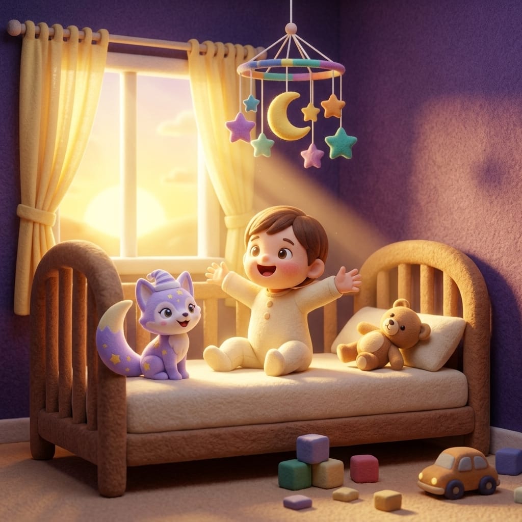 Escena estilo plastilina de un niño pequeño durmiendo a gusto en una camita bajo una ventana estrellada, el zorro lavanda Loo acurrucado cerca bajo un suave resplandor nocturno turquesa