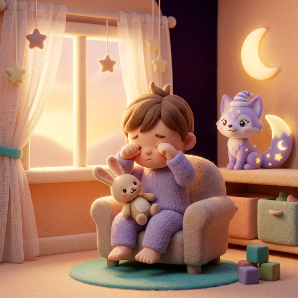 Clay-style nursery showing a baby awake then drowsy beside a soft clock and stars, a gentle wake windows by age rhythm in a calm purple room