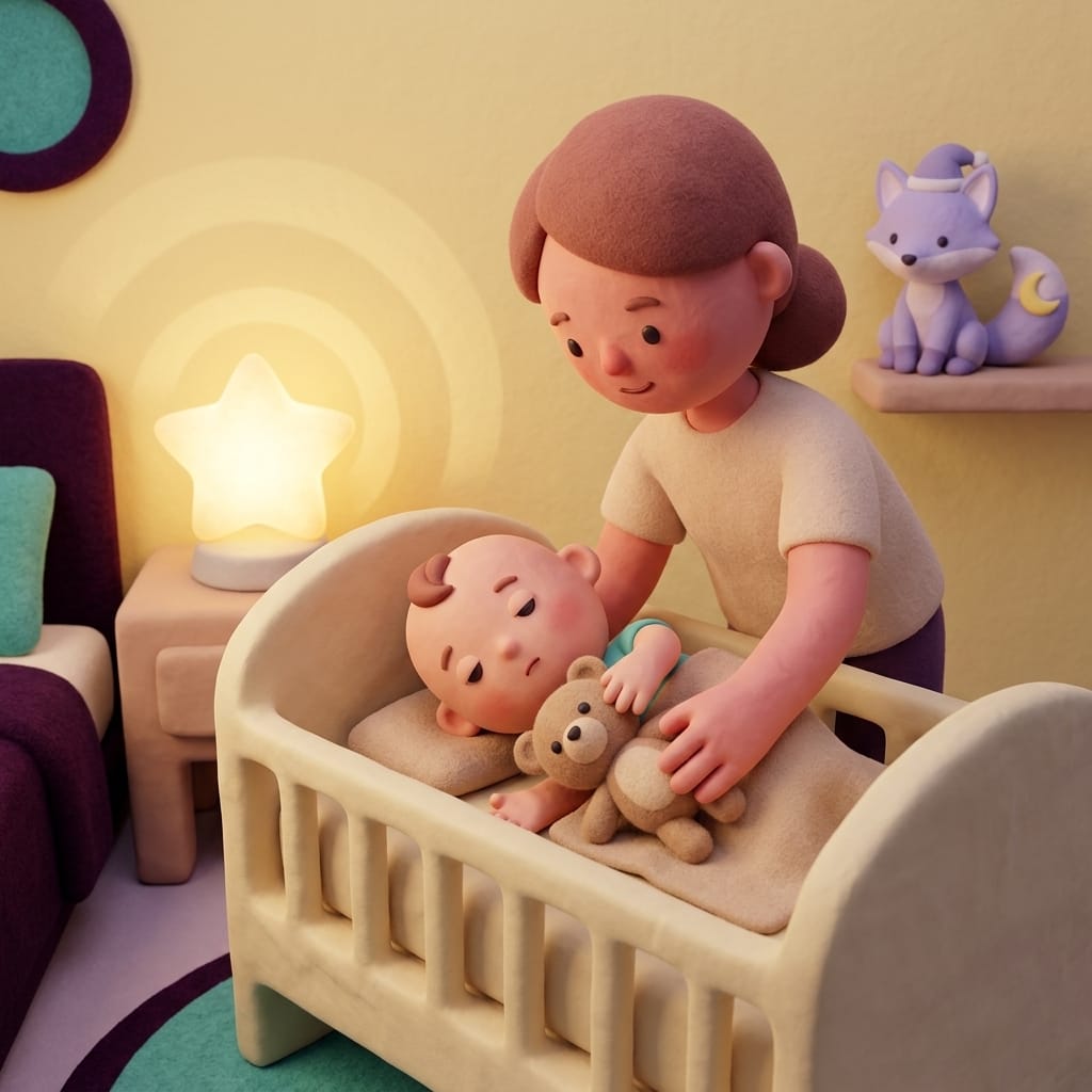 Clay-style scene of a drowsy baby in soft pajamas being gently laid in a crib, warm gold lamplight and a rounded lamp glowing in a cozy room