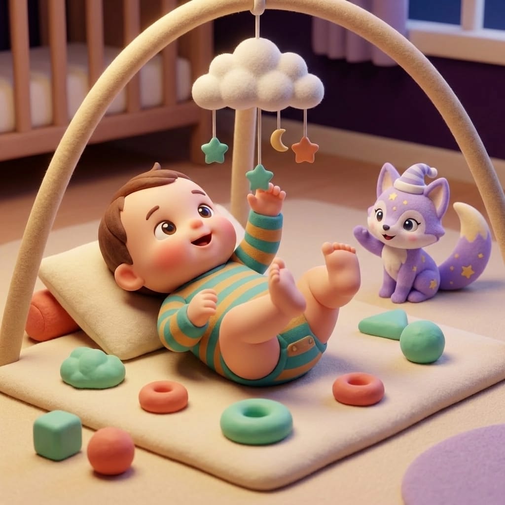 Clay-style bedtime scene of the lavender fox Loo with a nightcap beside a sleepy baby in a crib, soft teal nightlight and stars through the window