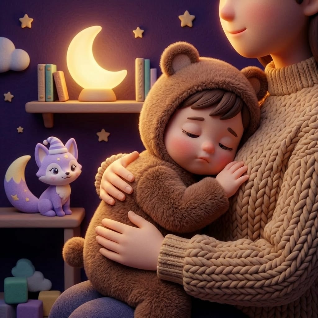 Clay-style scene of a content baby sleeping in a crib under a starry window, the lavender fox Loo curled nearby in a soft warm-gold glow