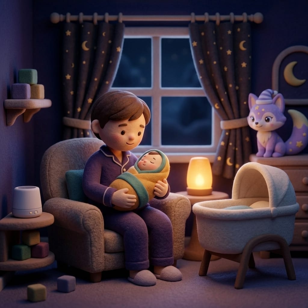 Clay-style night nursery showing a parent gently settling a swaddled newborn to sleep at night beside a soft glowing lamp and starry window