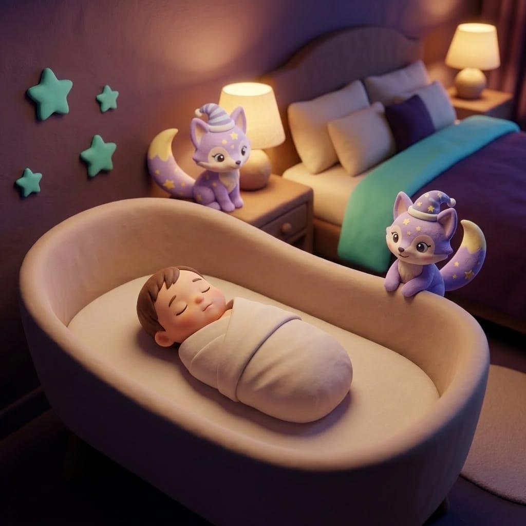Clay-style scene of a swaddled newborn sleeping peacefully on their back in a bare bassinet with a fitted sheet, soft teal light and stars nearby