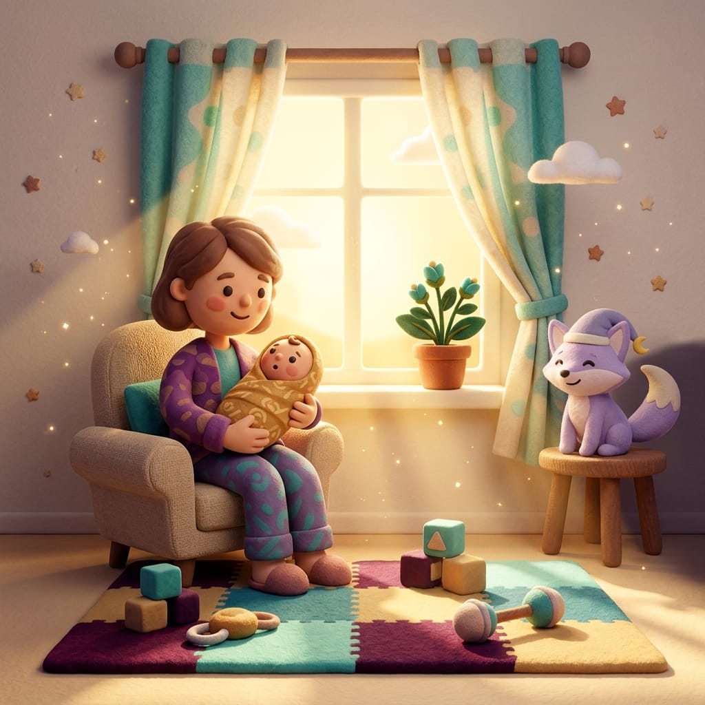Clay-style scene of a drowsy newborn yawning in a parent's arms during a calm dim evening wind-down, warm gold lamplight glowing softly