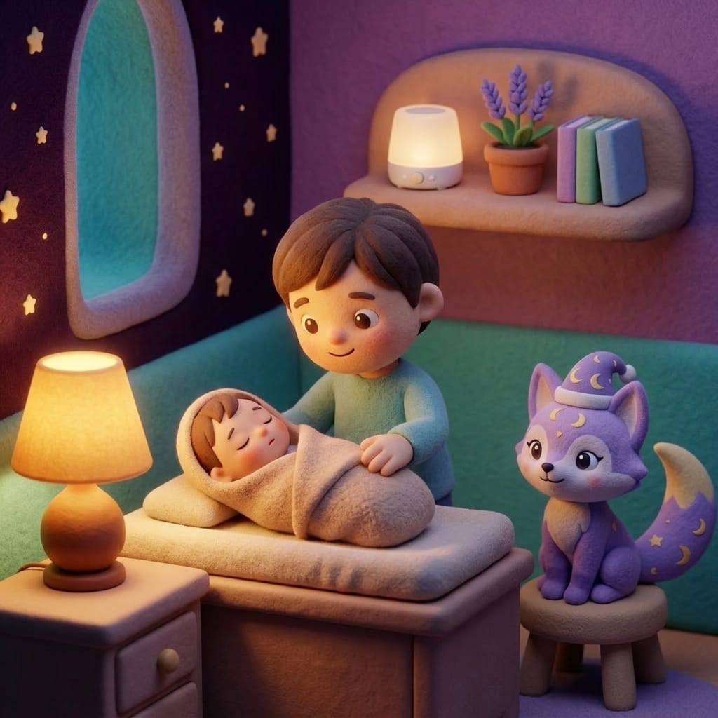 Clay-style bedtime scene of the lavender fox Loo with a nightcap watching over a sleeping newborn in a bassinet under a soft starry window