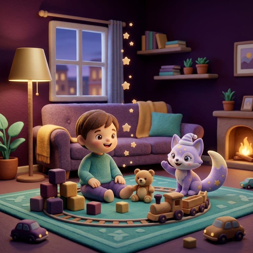 A toddler waking up too early sits up in a clay-style dawn bedroom while soft blue morning light glows through the curtains