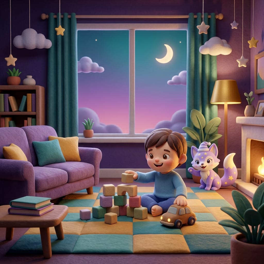 Clay-style scene of a calm toddler bedroom at dawn with dark curtains, a soft nightlight, and the lavender fox Loo resting nearby under a starry glow