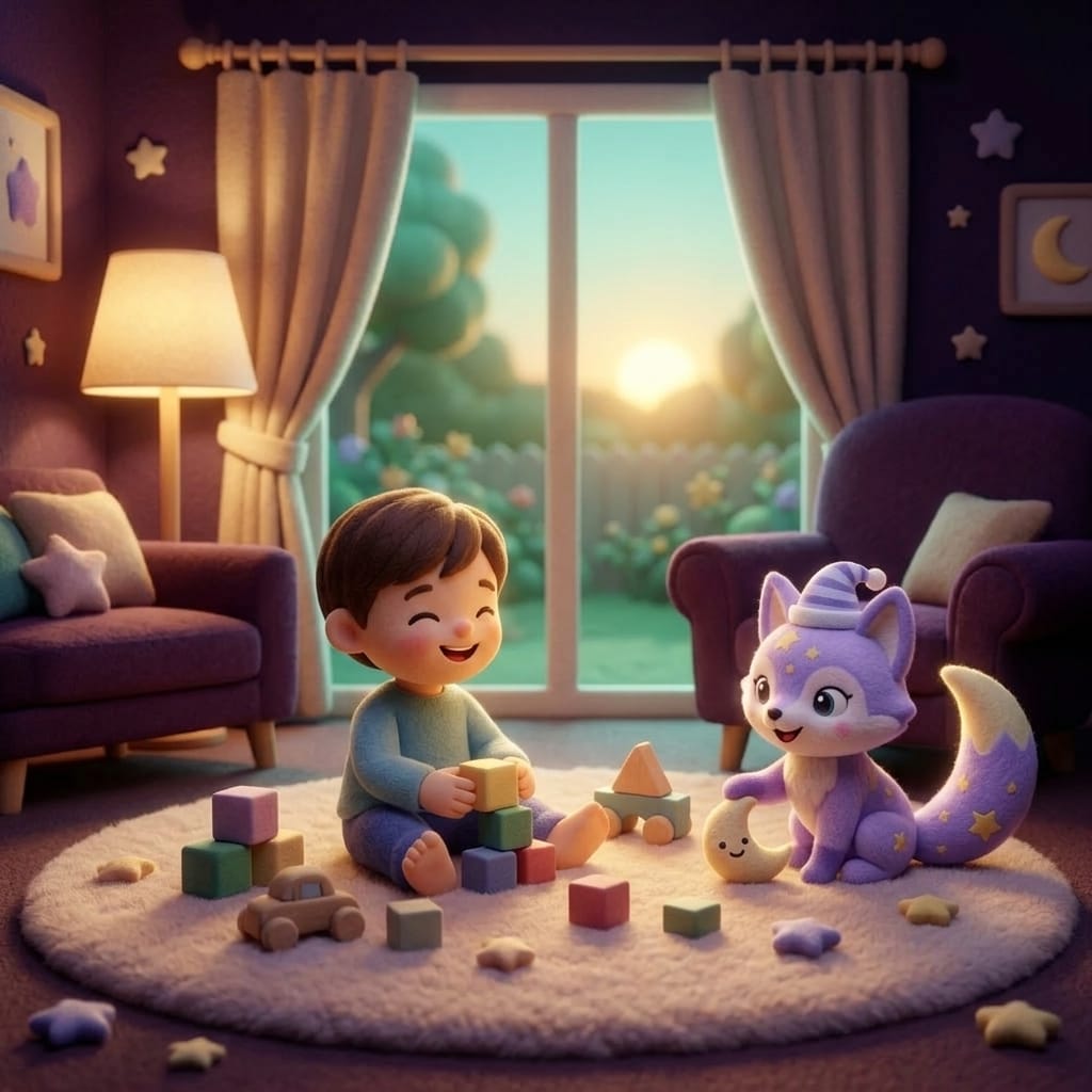 Clay-style cozy toddler bedroom at bedtime with warm gold lamplight, a child settling under a soft blanket while Loo the lavender fox keeps watch