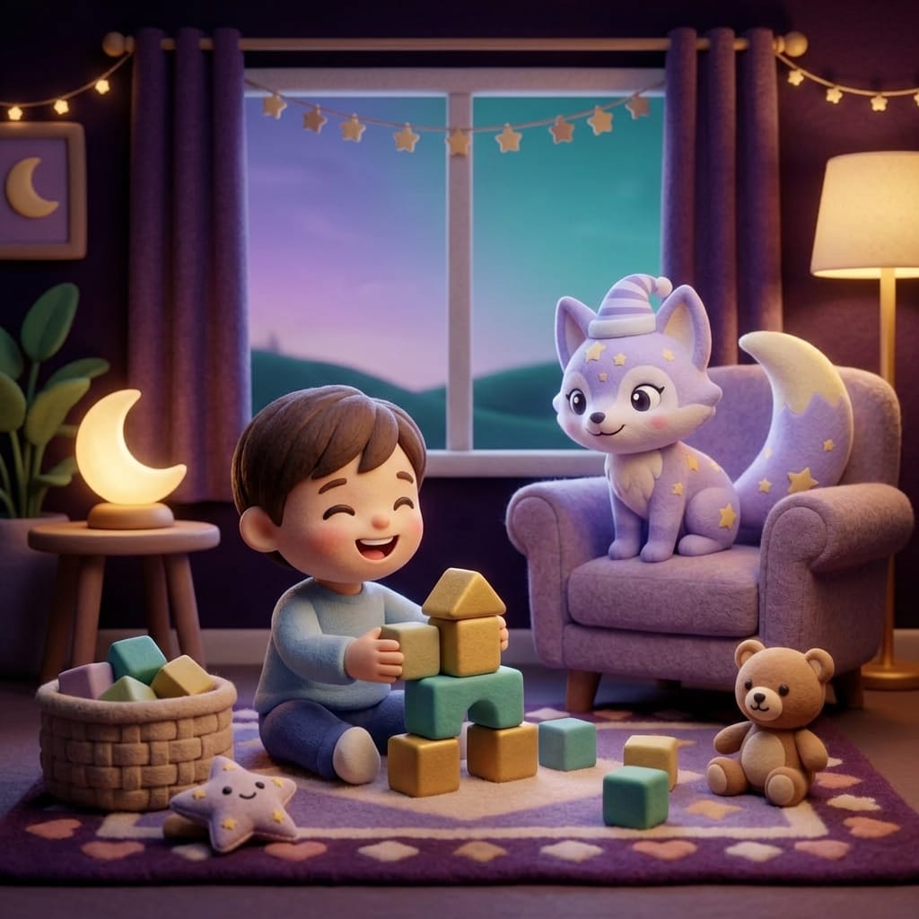 Clay-style toddler bedroom bathed in gentle morning light at a reasonable hour, a child stretching contentedly in bed while blackout curtains soften the dawn glow