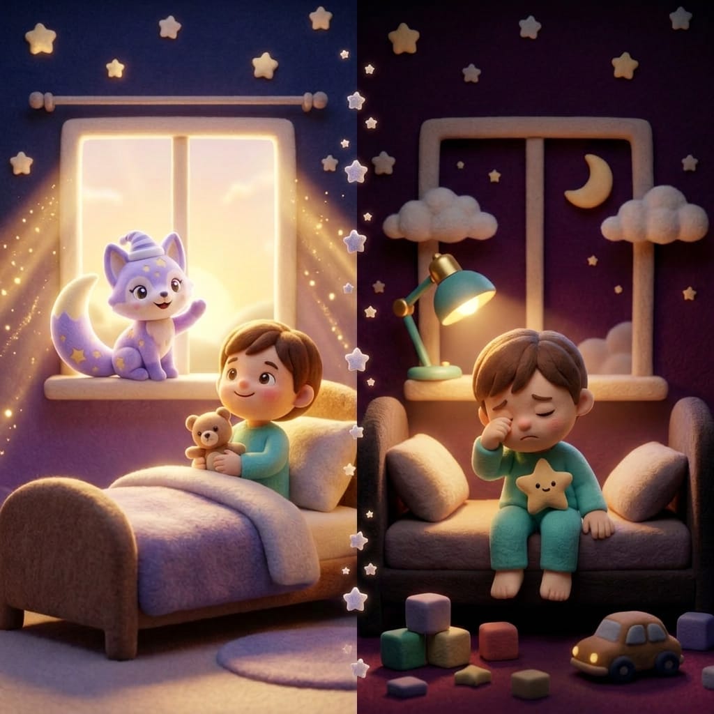 Niño pequeño estilo plastilina que extiende la mano hacia un padre a la hora de dormir en una habitación morada suave, que ilustra la ansiedad por separación a la hora de dormir