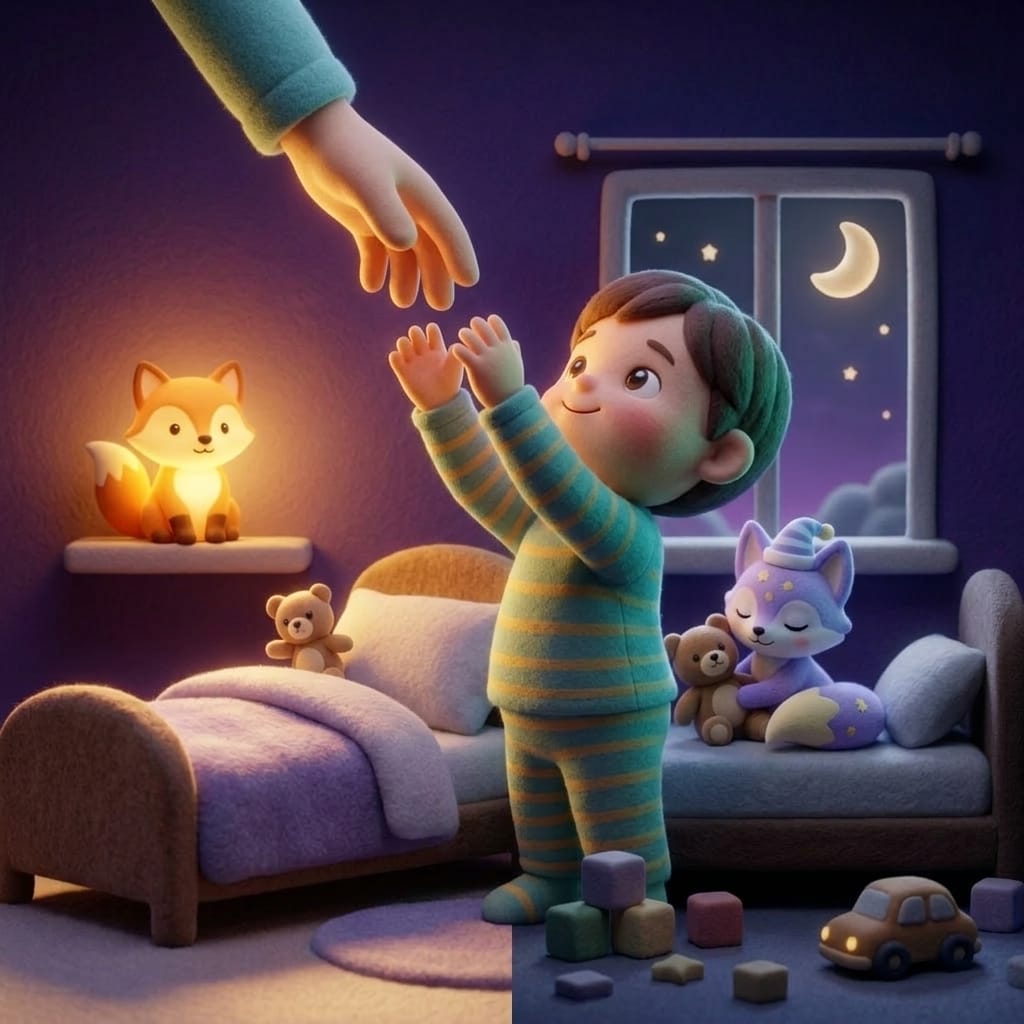 Escena estilo plastilina de un padre arrodillado junto a la cama de un niño pequeño para un tierno beso de buenas noches, en una habitación cálida iluminada por una lámpara con una luna creciente afuera